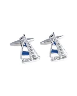 Rhodium Plated Blue & White Sail Boat Design Cufflinks Men